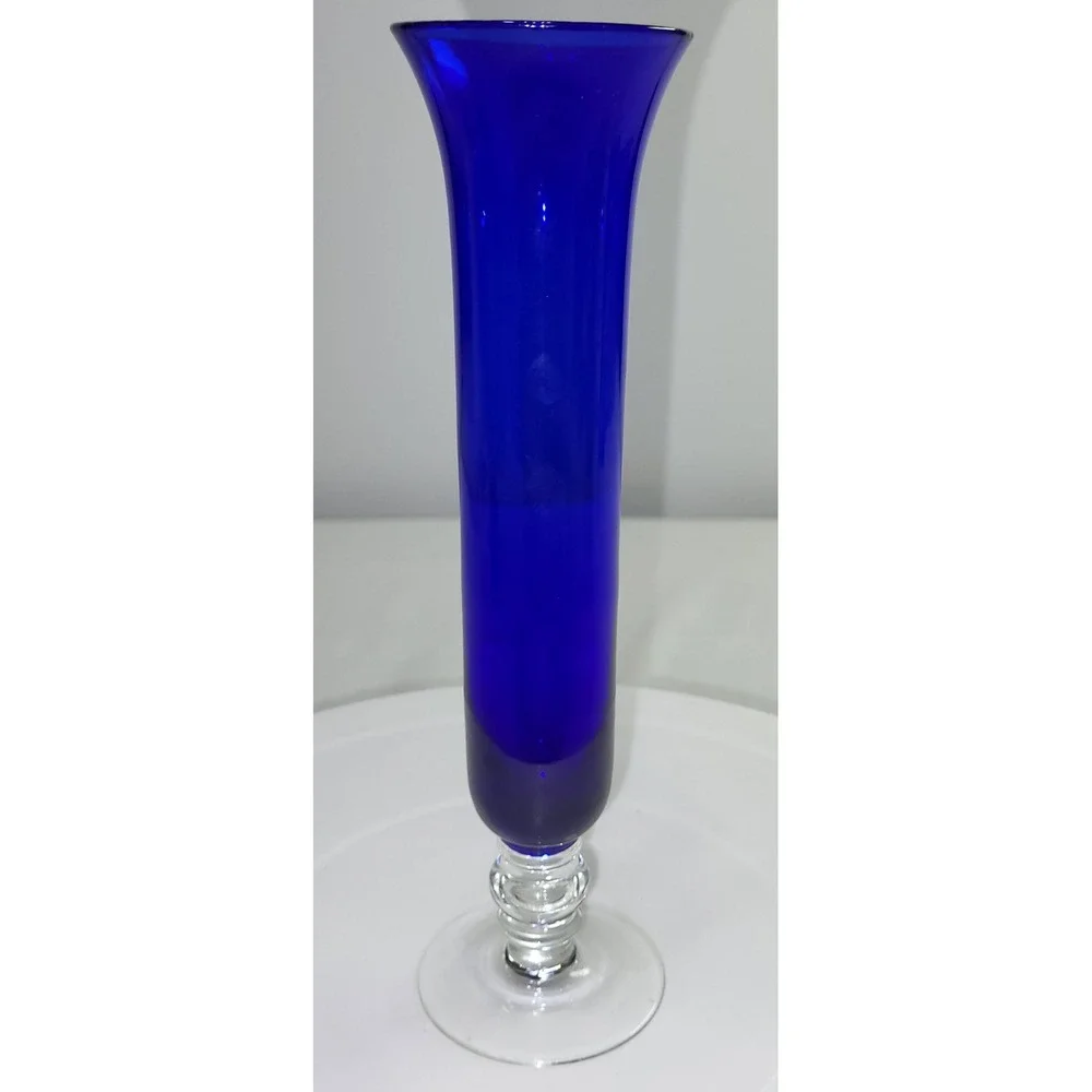Cobalt Blue Glass Bud Vase Clear Pedestal Base 8.5 Inch Vintage